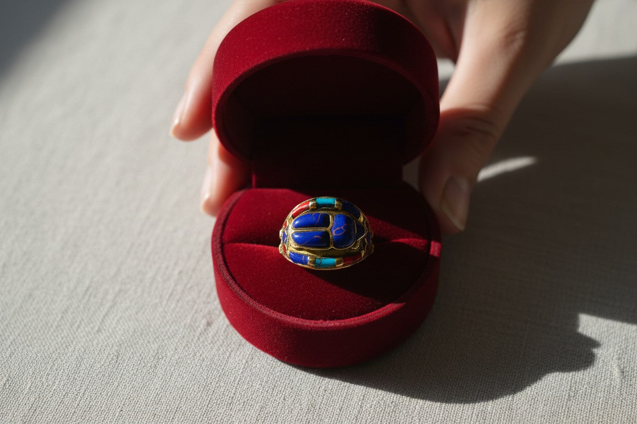 Gold Lapis Lazuli Scarab Ring, Ancient Egyptian Revival Jewelry