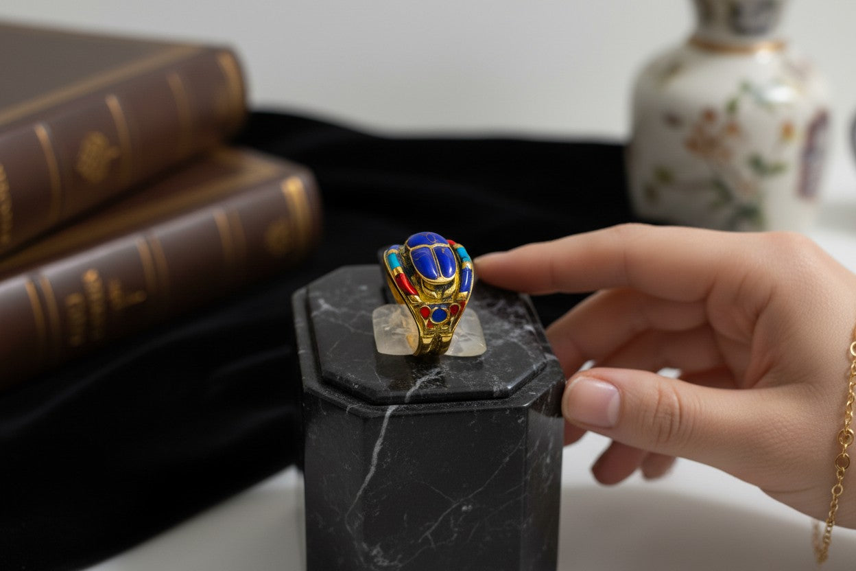 Gold Lapis Lazuli Scarab Ring, Ancient Egyptian Revival Jewelry
