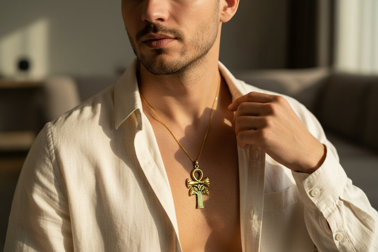 Gold Ankh Lotus Necklace, Egyptian Key of Life Pendant, Spiritual Protection Amulet