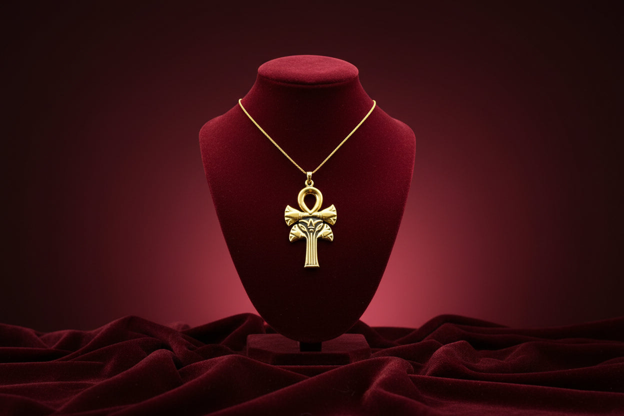 Gold Ankh Lotus Necklace, Egyptian Key of Life Pendant, Spiritual Protection Amulet
