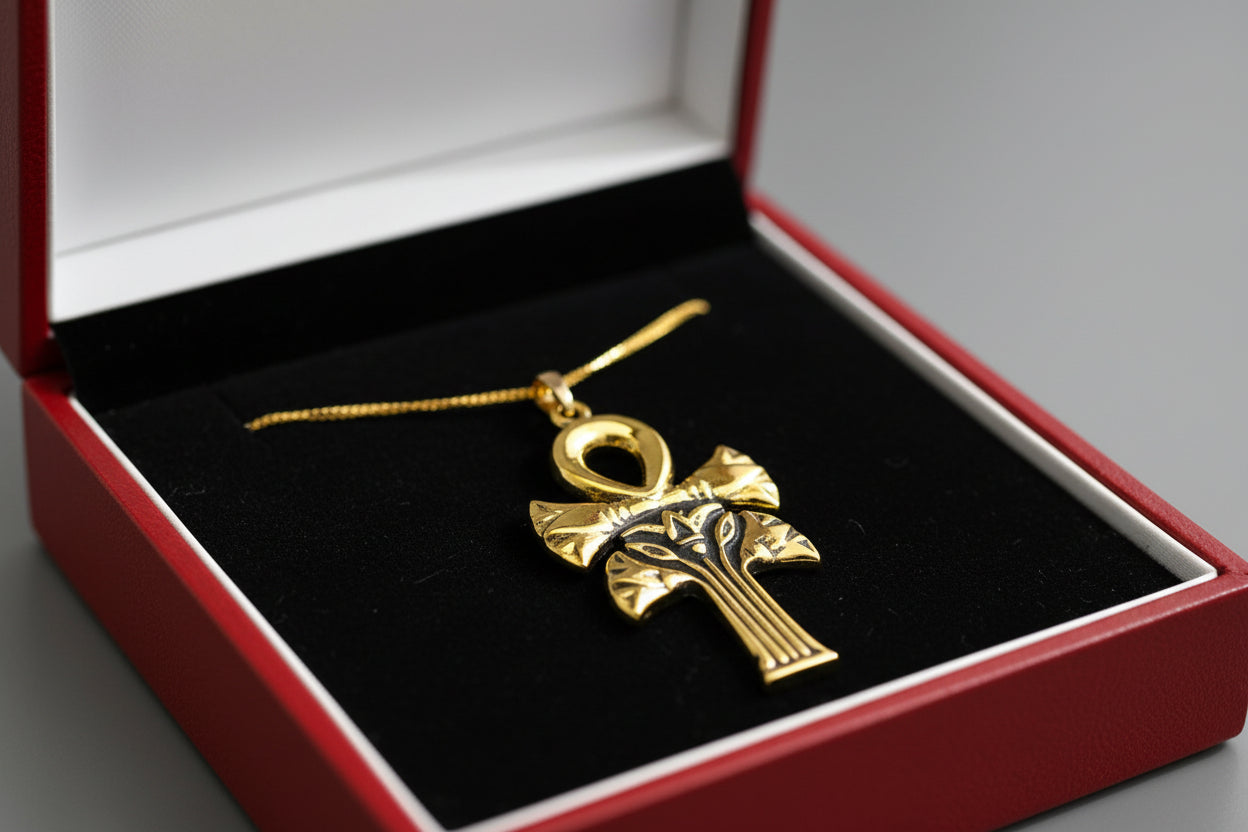 Gold Ankh Lotus Necklace, Egyptian Key of Life Pendant, Spiritual Protection Amulet