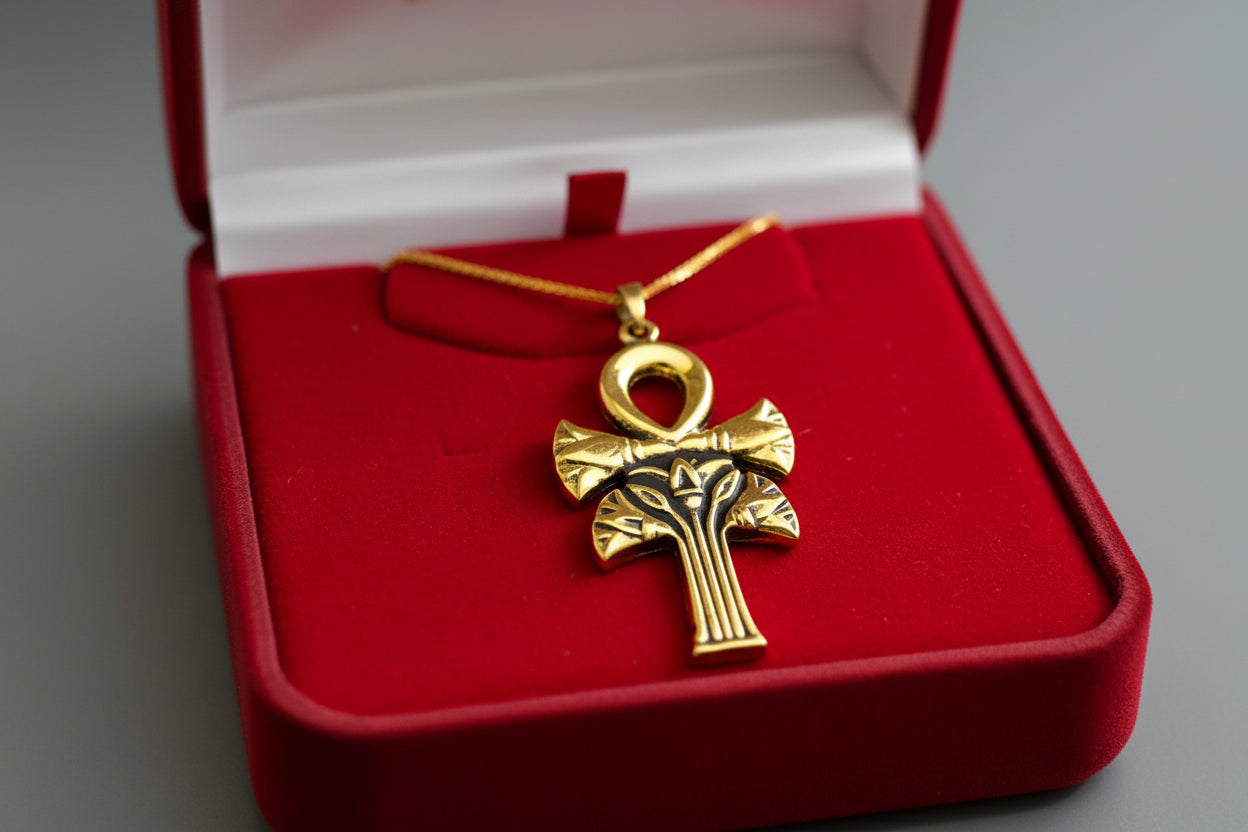 Gold Ankh Lotus Necklace, Egyptian Key of Life Pendant, Spiritual Protection Amulet