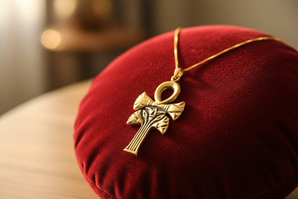 Gold Ankh Lotus Necklace, Egyptian Key of Life Pendant, Spiritual Protection Amulet