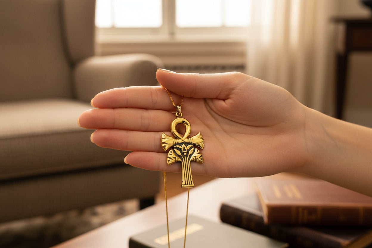 Gold Ankh Lotus Necklace, Egyptian Key of Life Pendant, Spiritual Protection Amulet