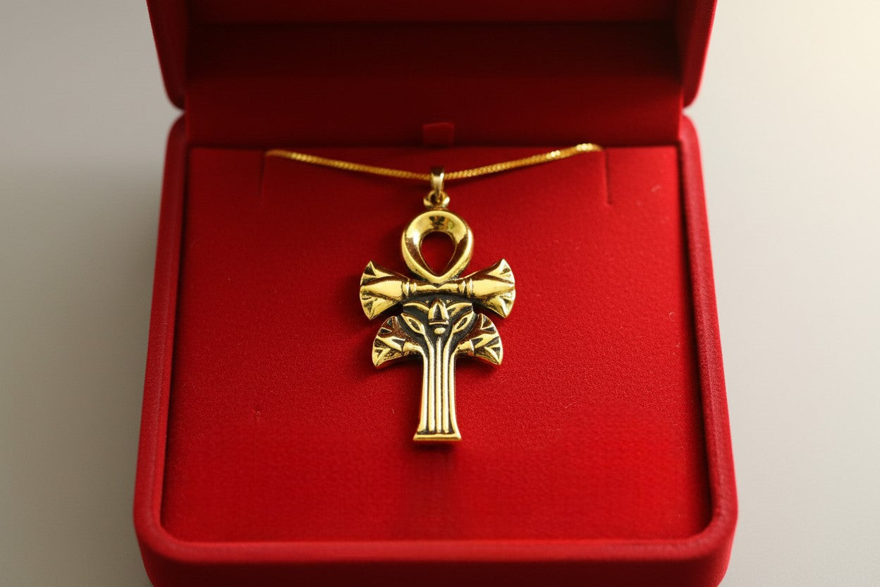 Gold Ankh Lotus Necklace, Egyptian Key of Life Pendant, Spiritual Protection Amulet