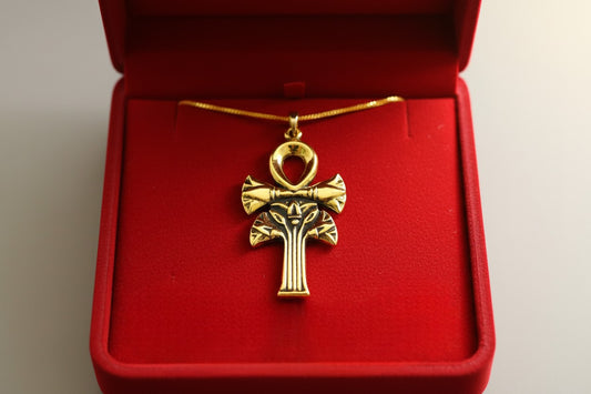 Gold Ankh Lotus Necklace, Egyptian Key of Life Pendant, Spiritual Protection Amulet
