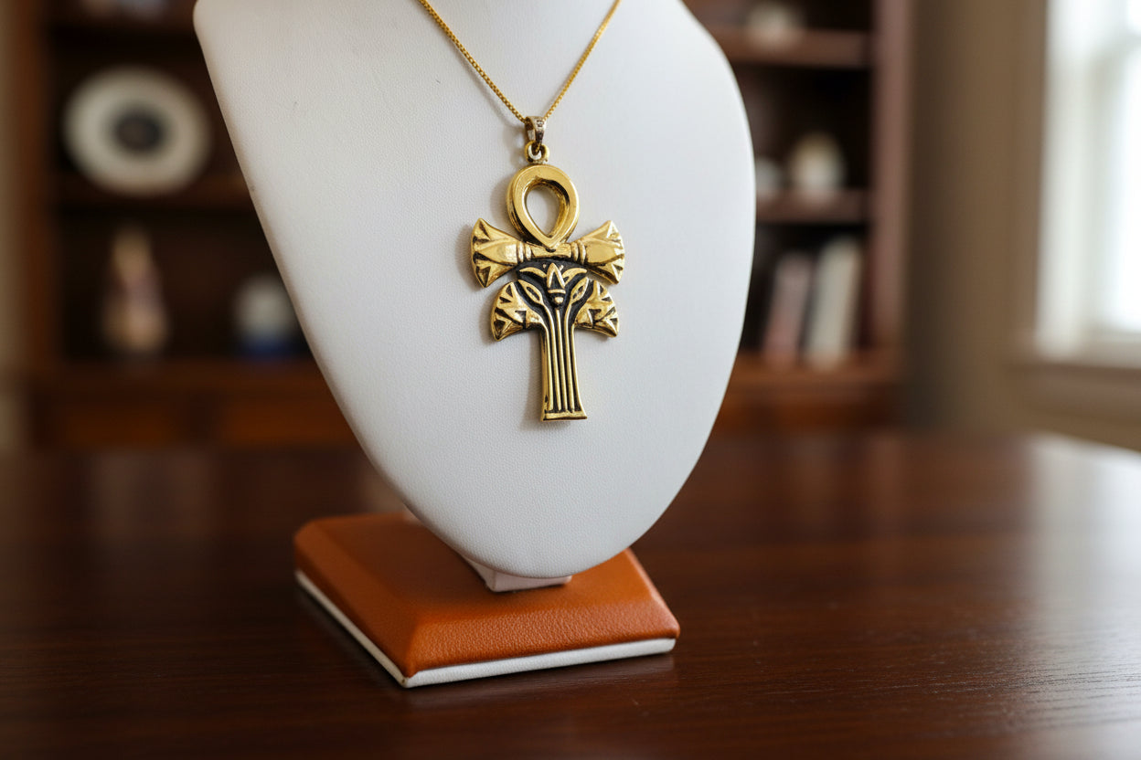 Gold Ankh Lotus Necklace, Egyptian Key of Life Pendant, Spiritual Protection Amulet