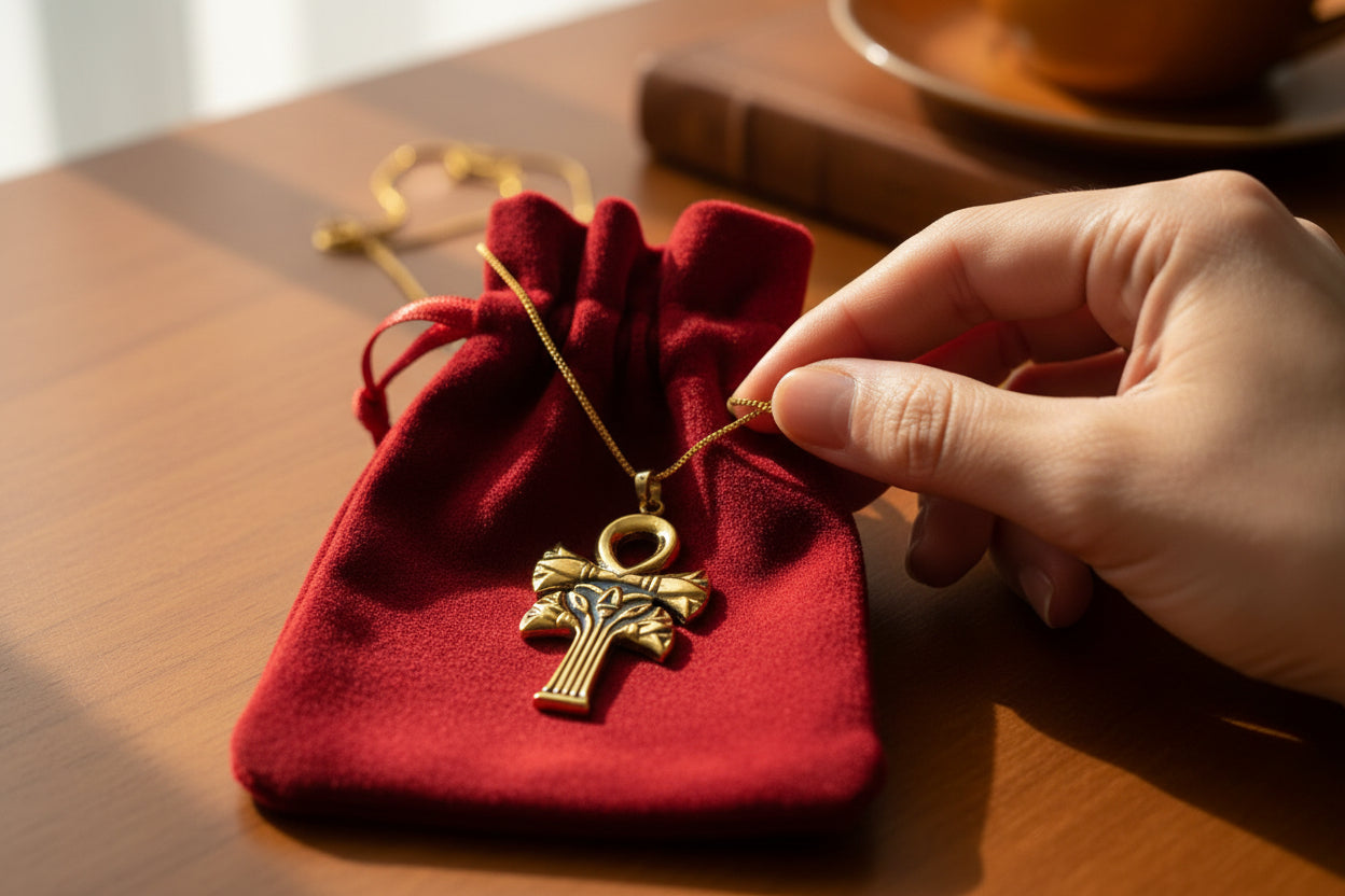 Gold Ankh Lotus Necklace, Egyptian Key of Life Pendant, Spiritual Protection Amulet
