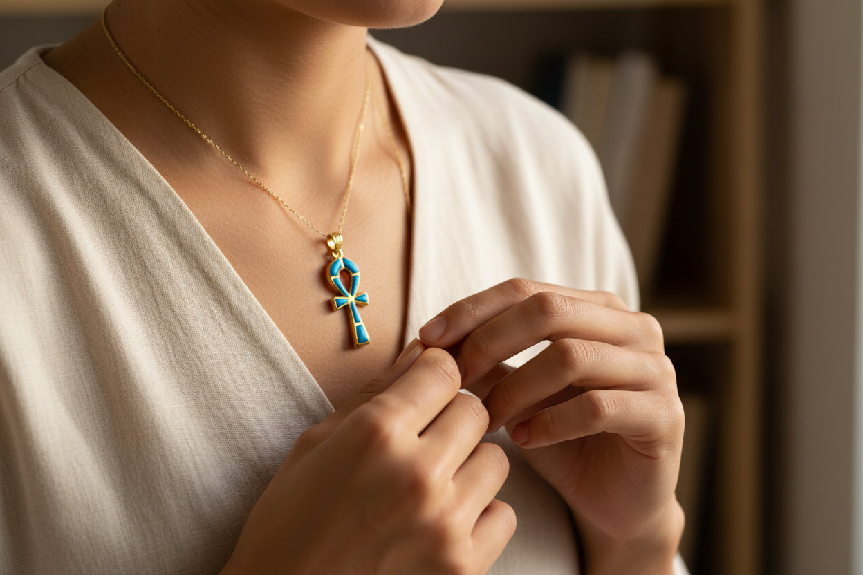 Gold Ankh Turquoise Pendant Necklace, Egyptian Key of Life Talisman