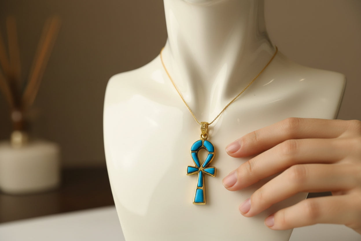 Gold Ankh Turquoise Pendant Necklace, Egyptian Key of Life Talisman