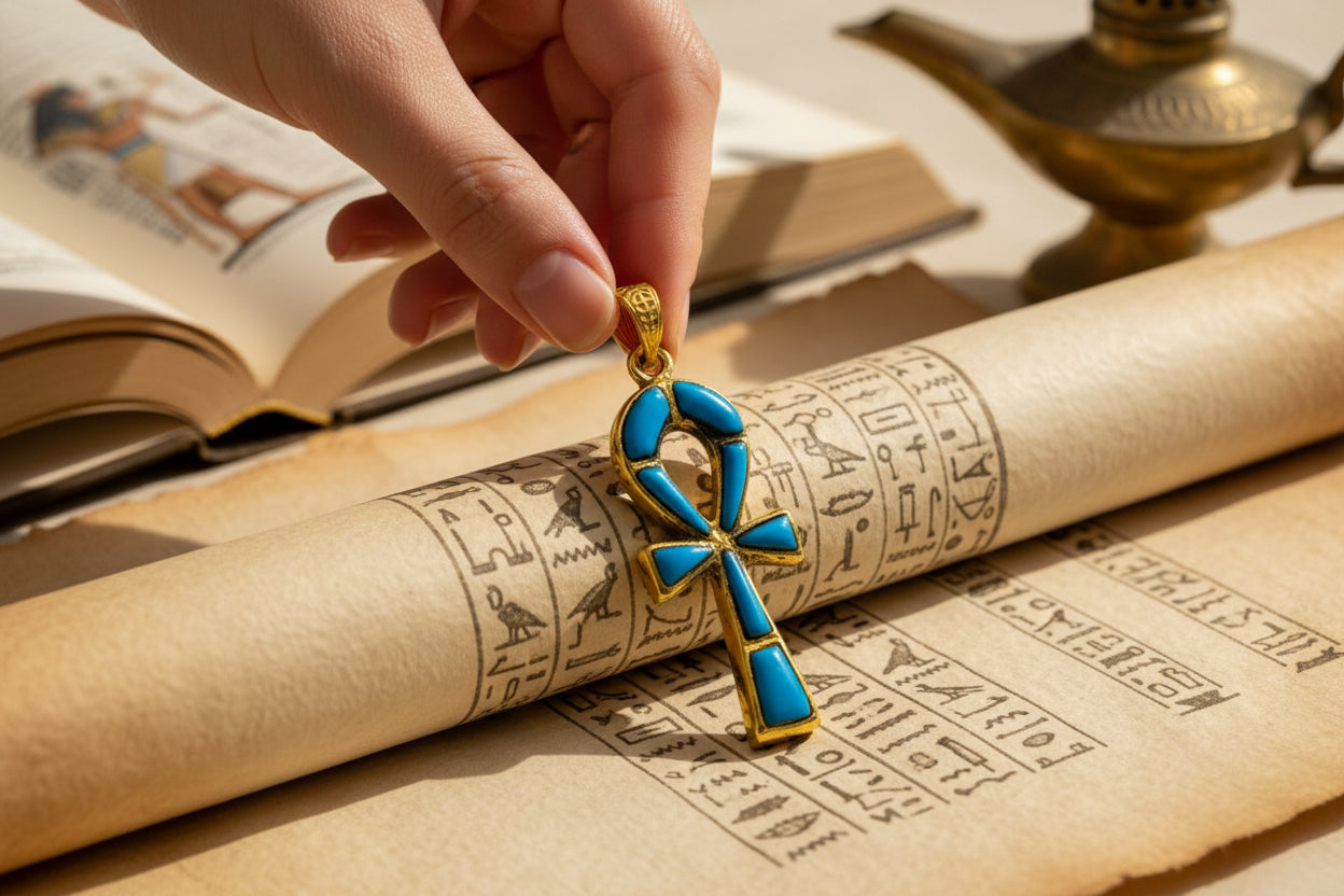 Gold Ankh Turquoise Pendant Necklace, Egyptian Key of Life Talisman