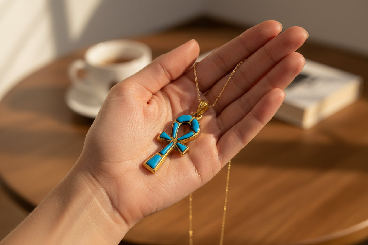 Gold Ankh Turquoise Pendant Necklace, Egyptian Key of Life Talisman