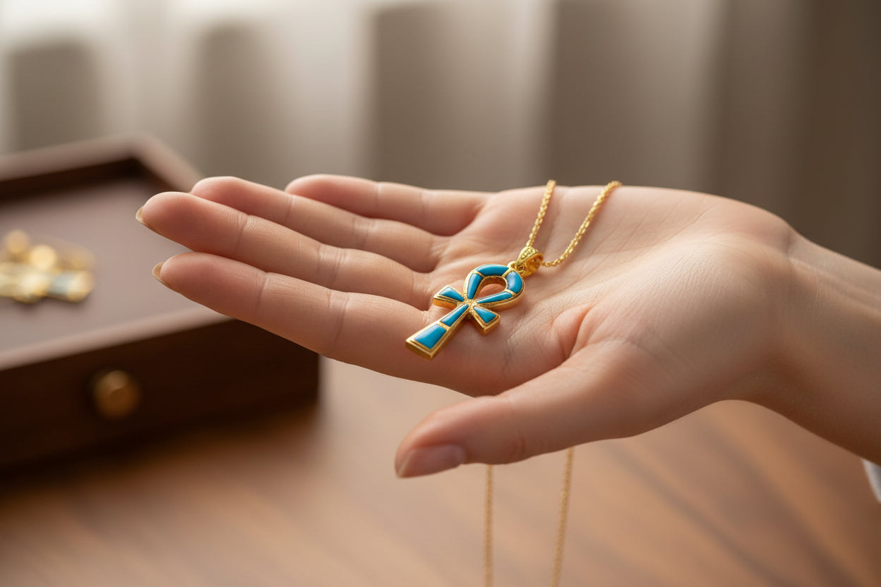 Gold Ankh Turquoise Pendant Necklace, Egyptian Key of Life Talisman