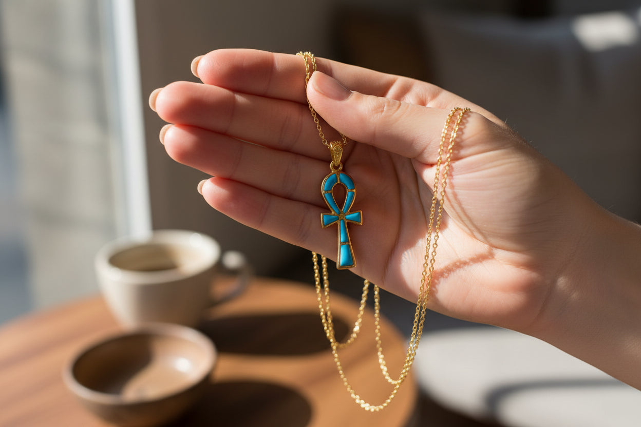 Gold Ankh Turquoise Pendant Necklace, Egyptian Key of Life Talisman