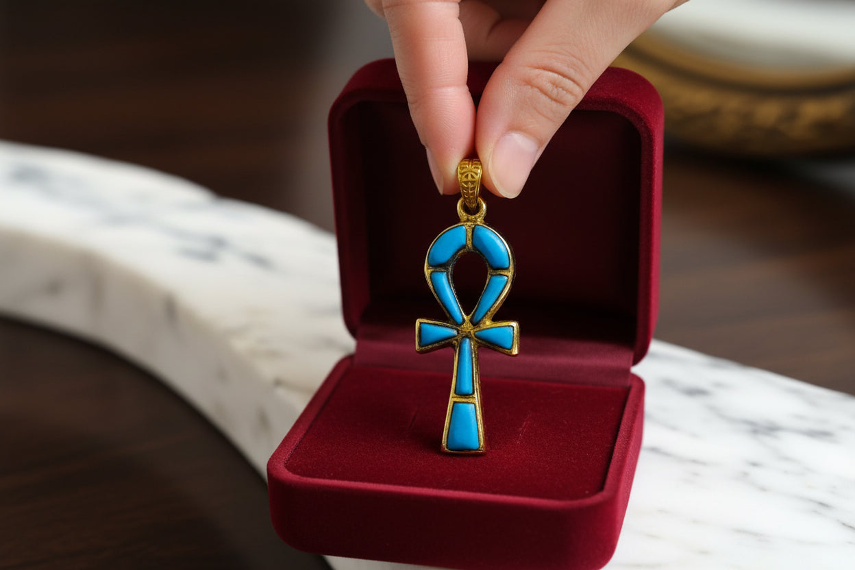 Gold Ankh Turquoise Pendant Necklace, Egyptian Key of Life Talisman