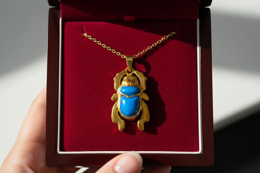 Gold Egyptian Scarab Pendant Necklace, Turquoise Talisman Jewelry