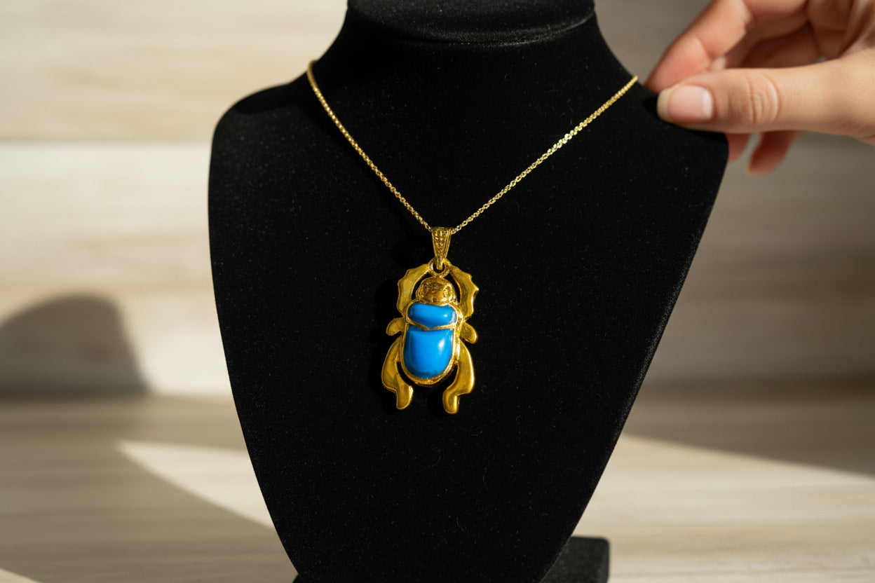 Gold Egyptian Scarab Pendant Necklace, Turquoise Talisman Jewelry