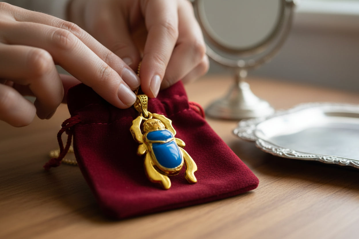 Gold Egyptian Scarab Pendant Necklace, Turquoise Talisman Jewelry
