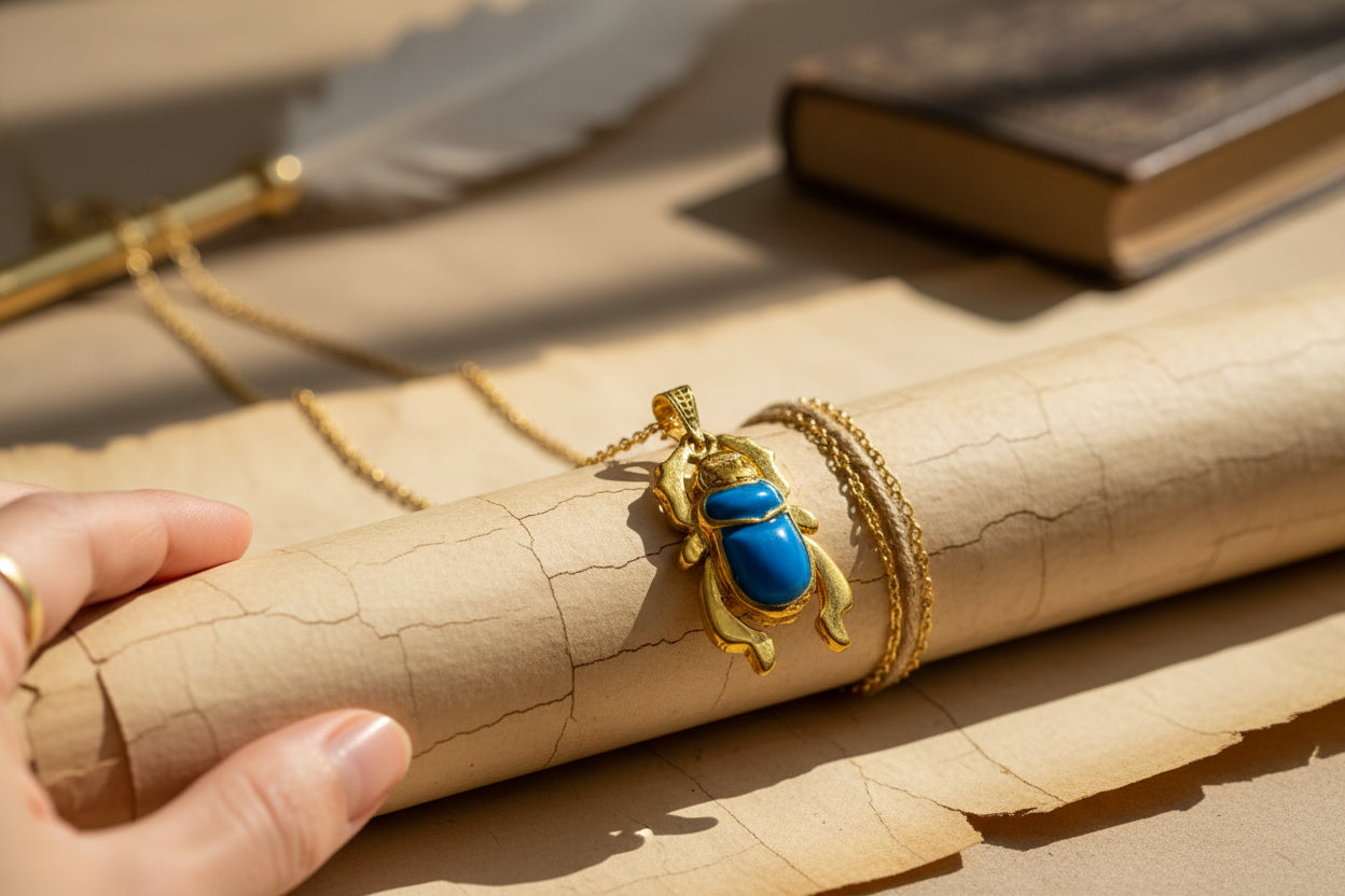 Gold Egyptian Scarab Pendant Necklace, Turquoise Talisman Jewelry