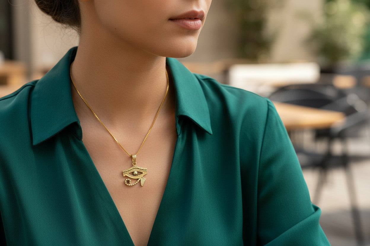 Gold Eye of Horus Pendant, Egyptian Revival Talisman Jewelry