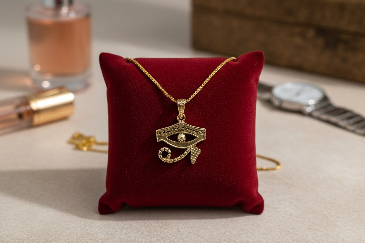 Gold Eye of Horus Pendant, Egyptian Revival Talisman Jewelry
