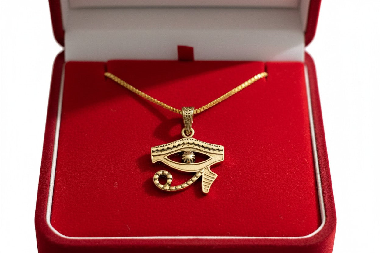 Gold Eye of Horus Pendant, Egyptian Revival Talisman Jewelry