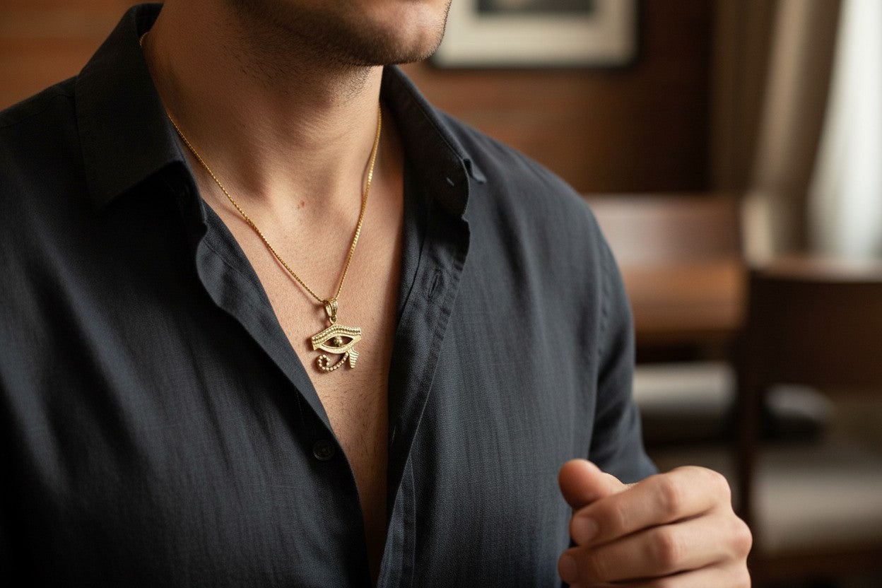 Gold Eye of Horus Pendant, Egyptian Revival Talisman Jewelry
