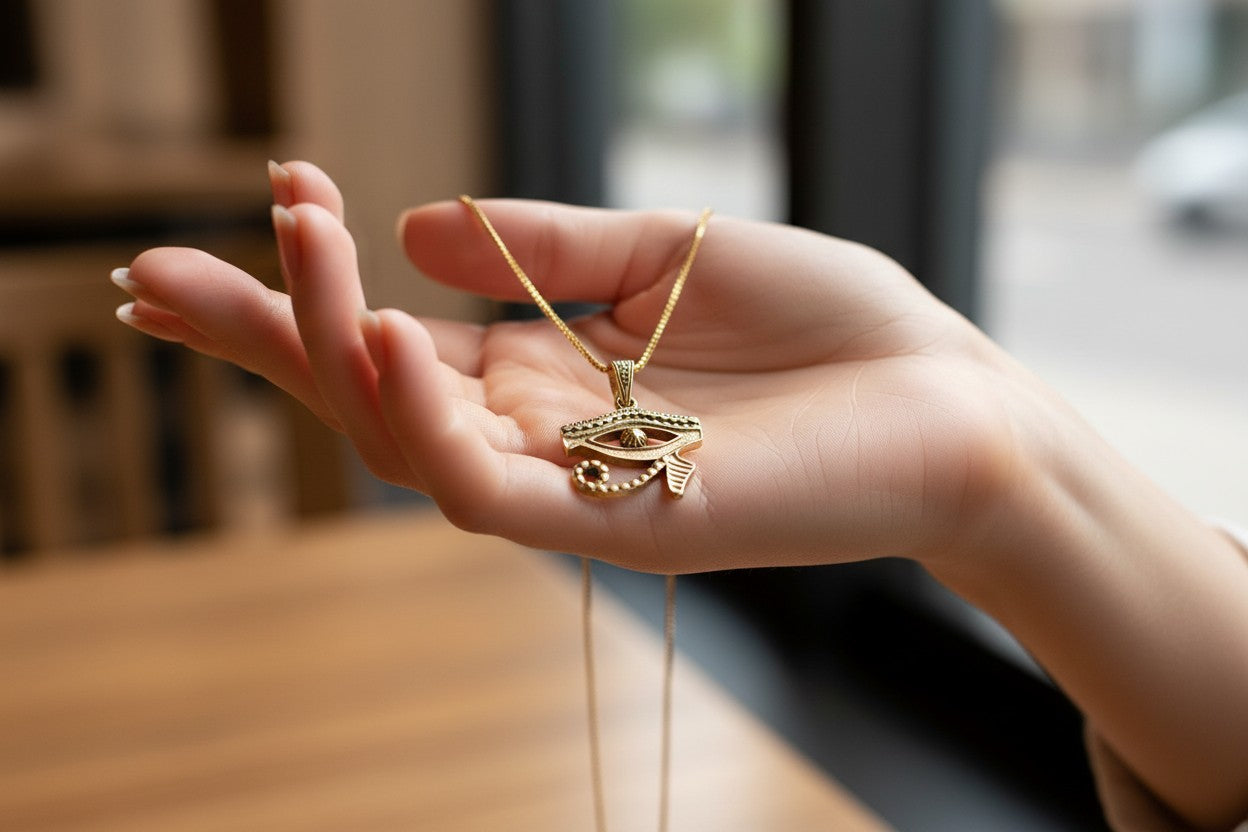 Gold Eye of Horus Pendant, Egyptian Revival Talisman Jewelry