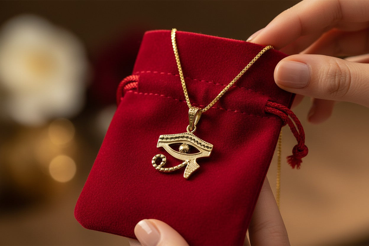 Gold Eye of Horus Pendant, Egyptian Revival Talisman Jewelry