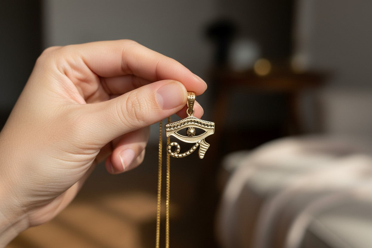 Gold Eye of Horus Pendant, Egyptian Revival Talisman Jewelry