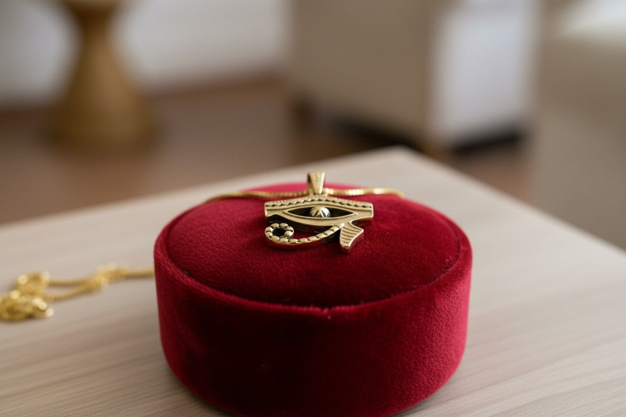 Gold Eye of Horus Pendant, Egyptian Revival Talisman Jewelry