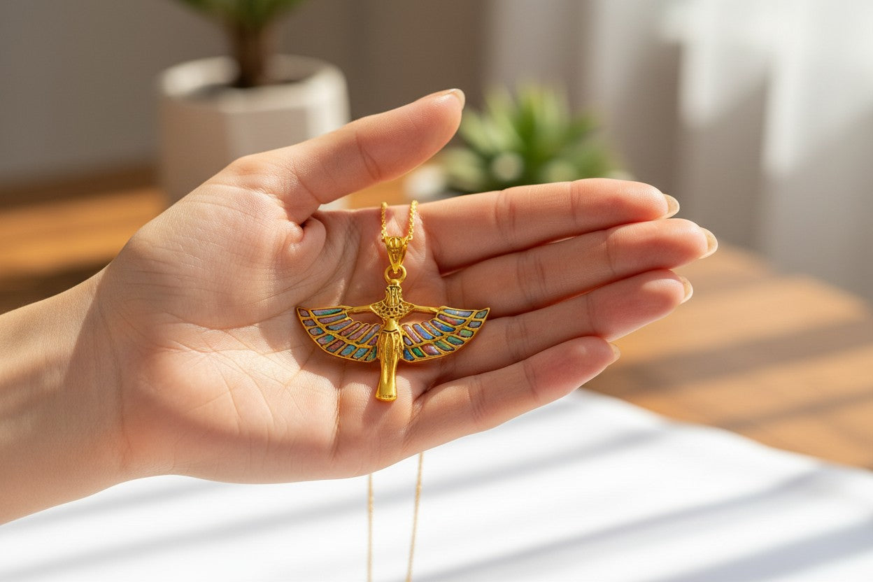 Pink Opal Unique Gold Winged Goddess Isis Pendant Necklace, Egyptian Jewelry Gift