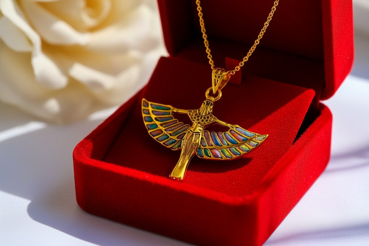 Pink Opal Unique Gold Winged Goddess Isis Pendant Necklace, Egyptian Jewelry Gift