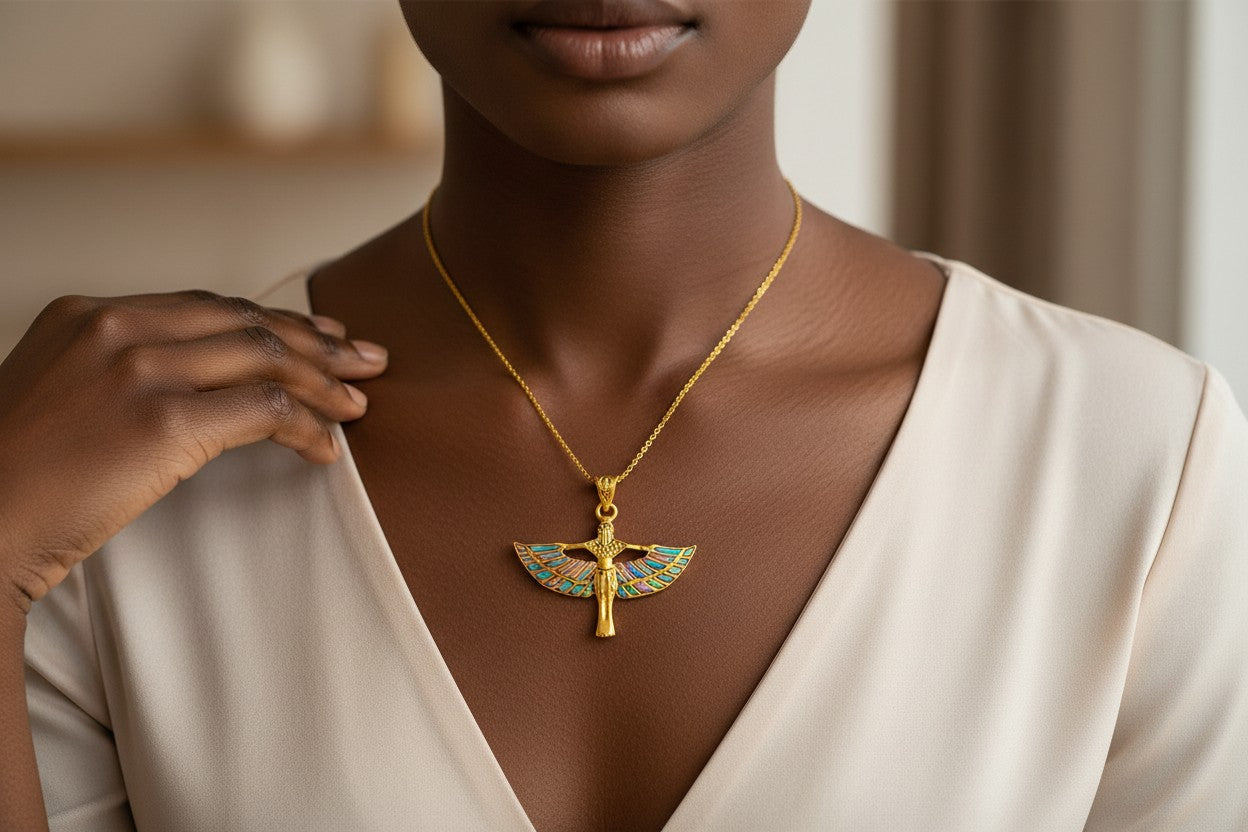 Pink Opal Unique Gold Winged Goddess Isis Pendant Necklace, Egyptian Jewelry Gift