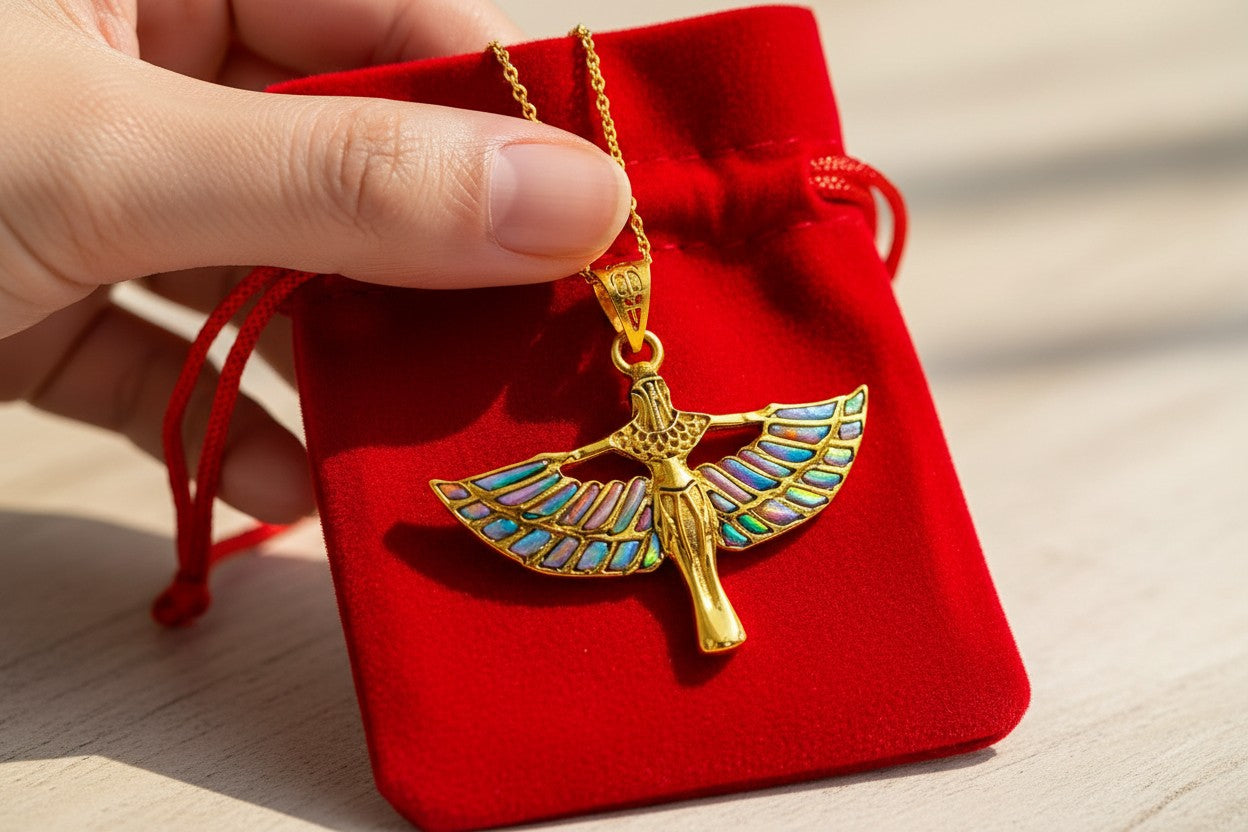 Pink Opal Unique Gold Winged Goddess Isis Pendant Necklace, Egyptian Jewelry Gift