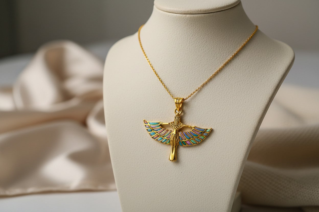 Pink Opal Unique Gold Winged Goddess Isis Pendant Necklace, Egyptian Jewelry Gift