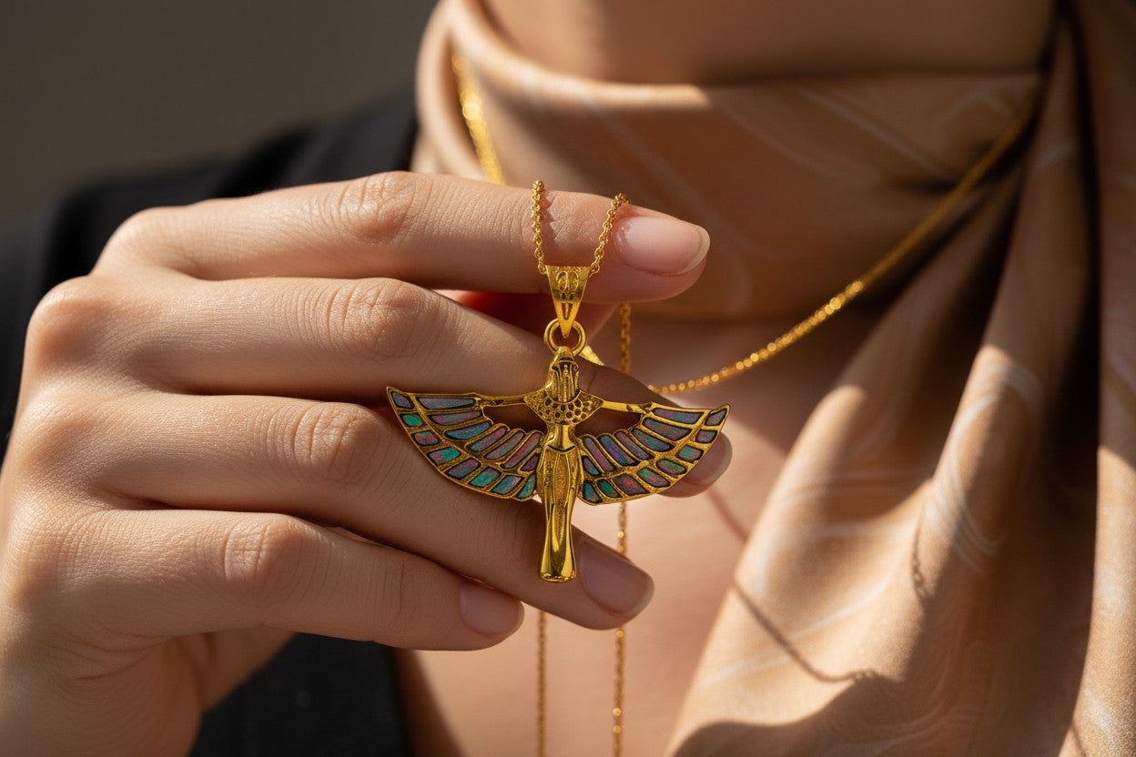 Pink Opal Unique Gold Winged Goddess Isis Pendant Necklace, Egyptian Jewelry Gift