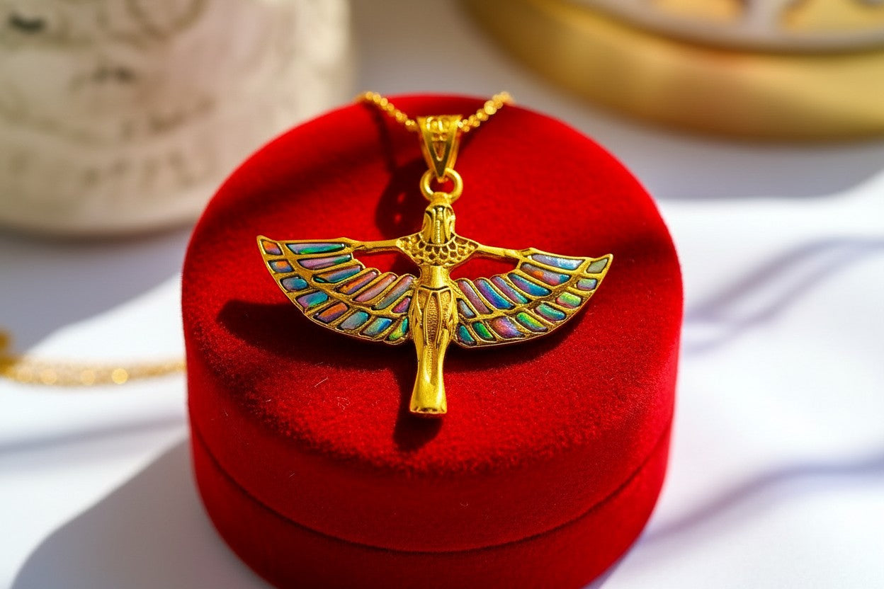 Pink Opal Unique Gold Winged Goddess Isis Pendant Necklace, Egyptian Jewelry Gift