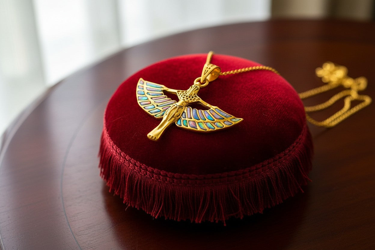 Pink Opal Unique Gold Winged Goddess Isis Pendant Necklace, Egyptian Jewelry Gift