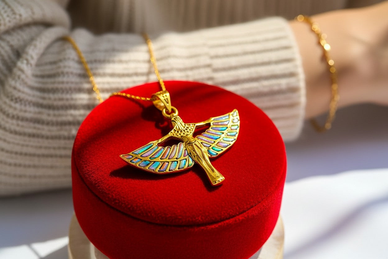 Pink Opal Unique Gold Winged Goddess Isis Pendant Necklace, Egyptian Jewelry Gift