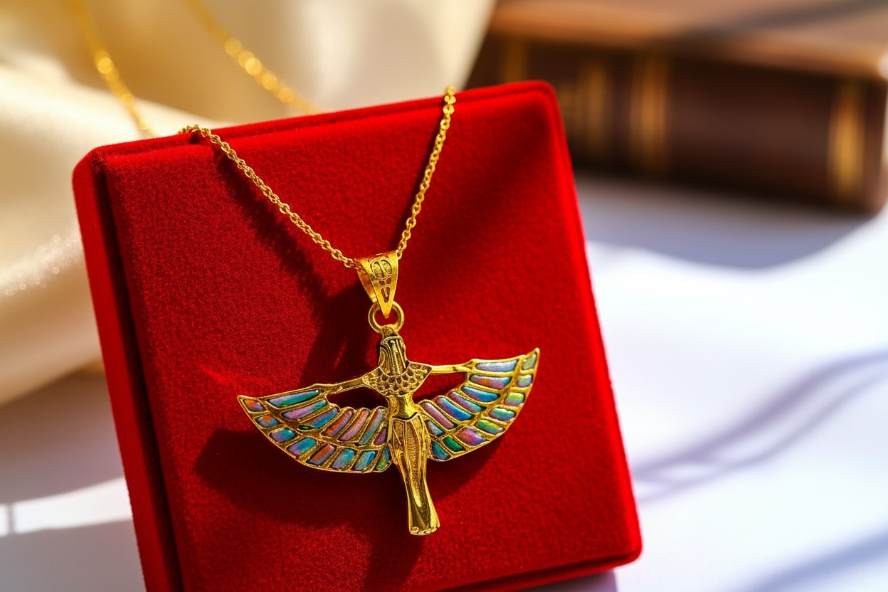 Pink Opal Unique Gold Winged Goddess Isis Pendant Necklace, Egyptian Jewelry Gift