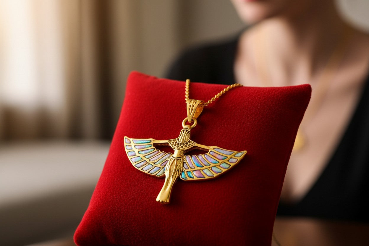Pink Opal Unique Gold Winged Goddess Isis Pendant Necklace, Egyptian Jewelry Gift