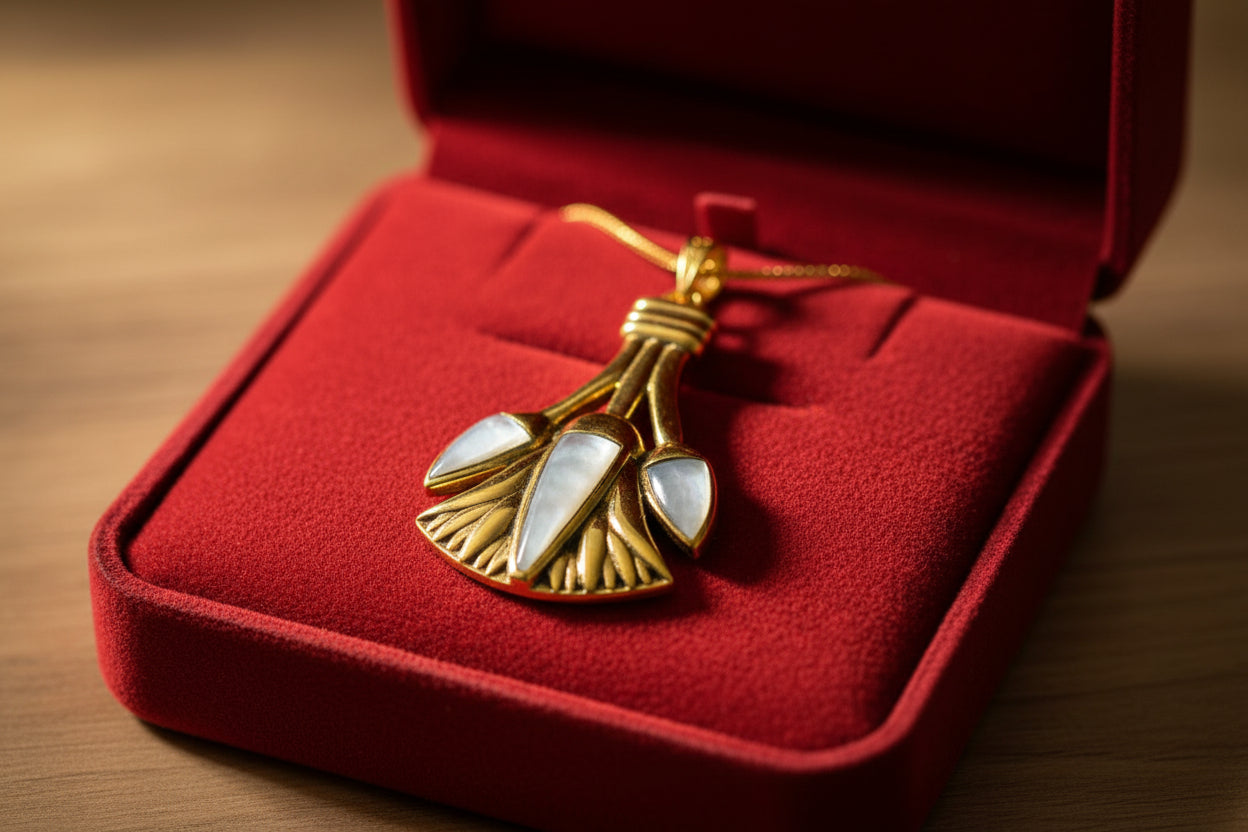 Gold Lotus Flower Necklace, Egyptian Mother of Pearl Pendant