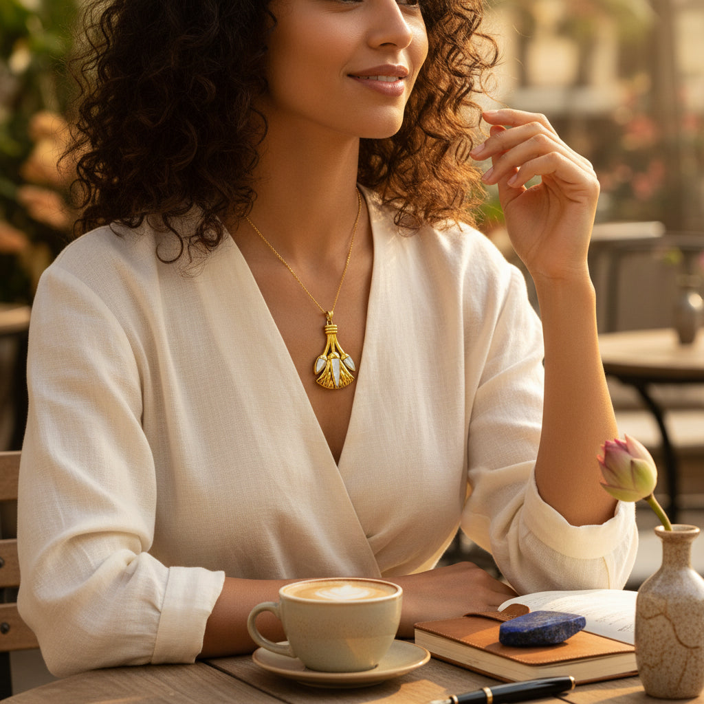 Gold Lotus Flower Necklace, Egyptian Mother of Pearl Pendant