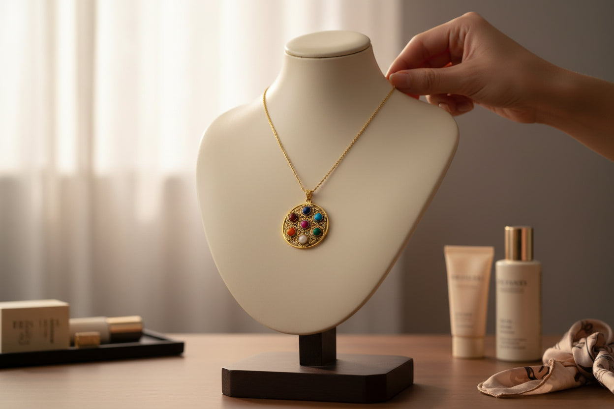 Gold Seven Chakra Pendant Necklace, Handmade Egyptian Revival Jewelry