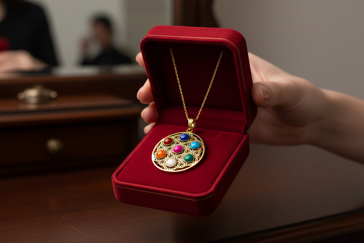 Gold Seven Chakra Pendant Necklace, Handmade Egyptian Revival Jewelry