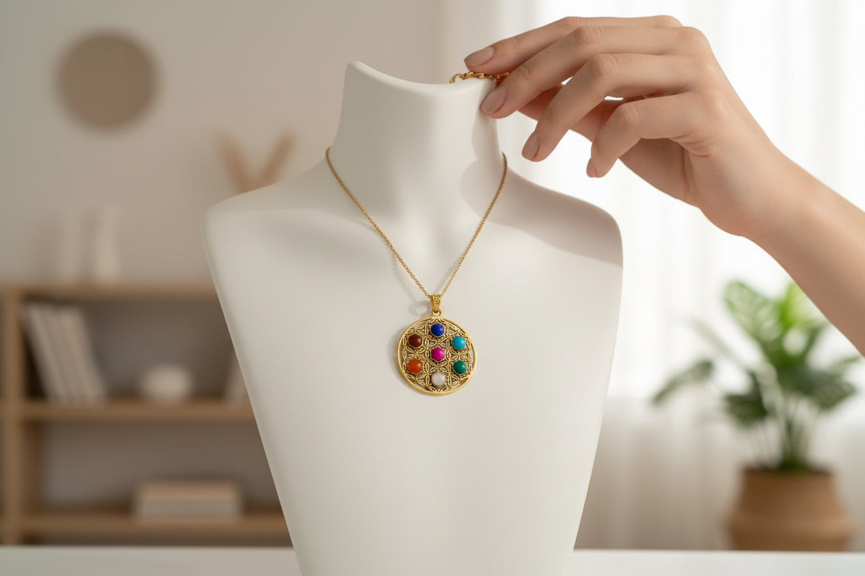 Gold Seven Chakra Pendant Necklace, Handmade Egyptian Revival Jewelry