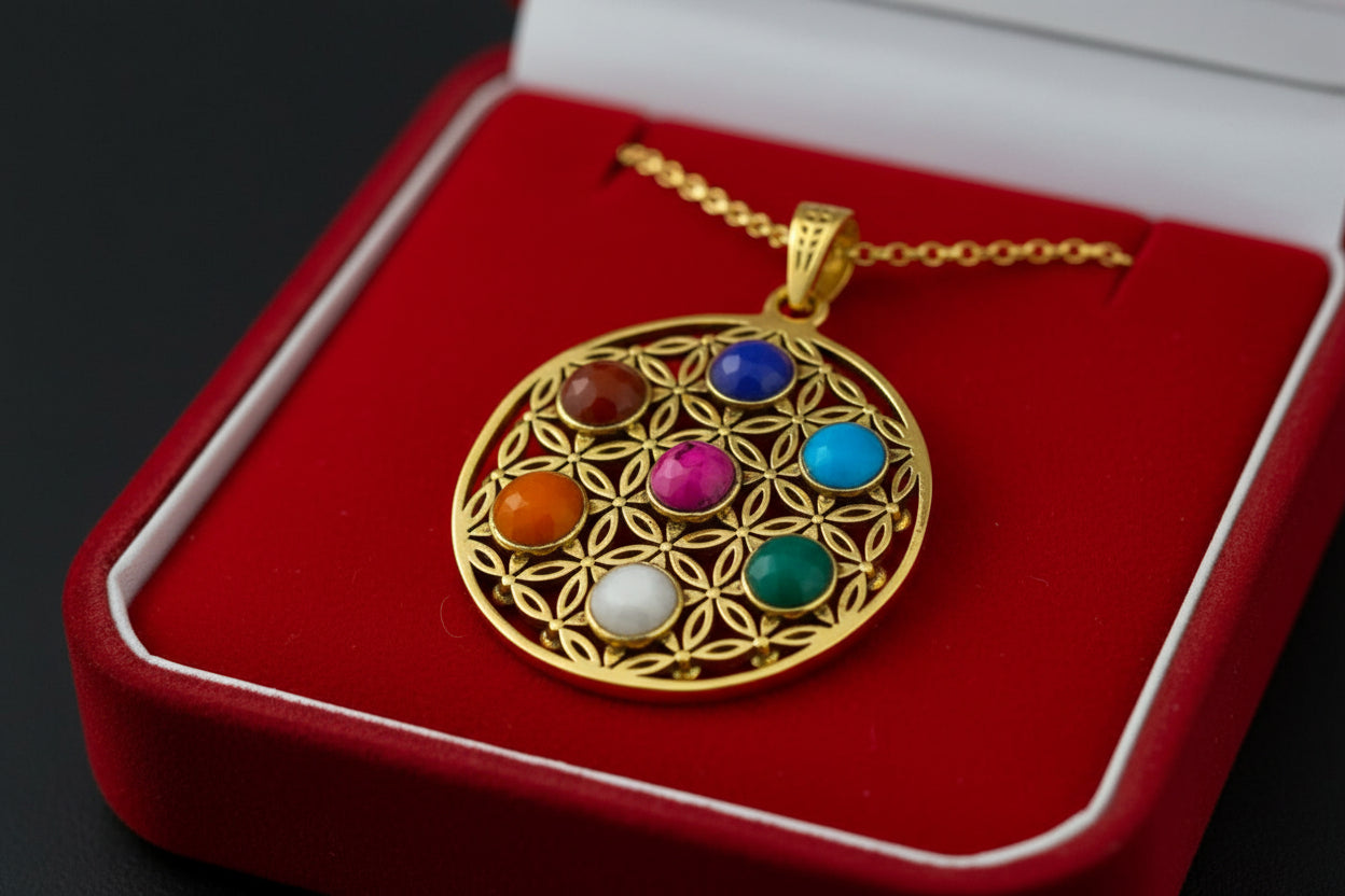 Gold Seven Chakra Pendant Necklace, Handmade Egyptian Revival Jewelry