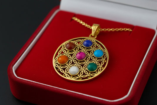 Gold Seven Chakra Pendant Necklace, Handmade Egyptian Revival Jewelry