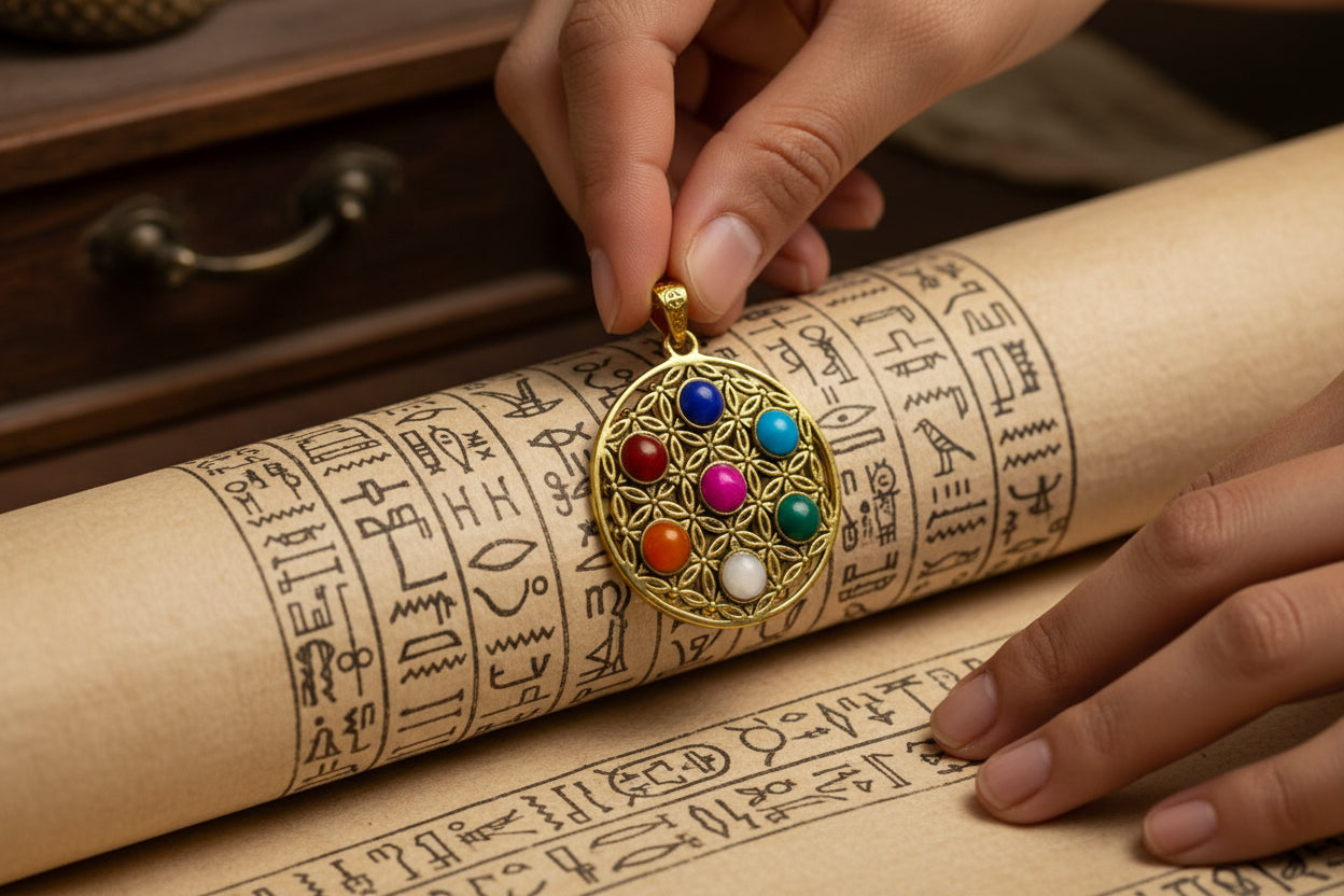 Gold Seven Chakra Pendant Necklace, Handmade Egyptian Revival Jewelry